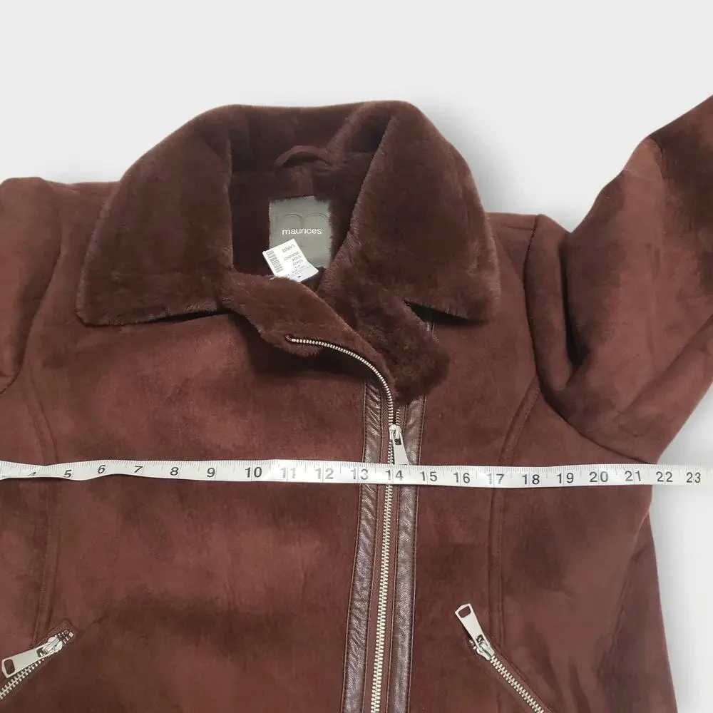 NWT Maurices Faux Suede + Fur Moto Jacket Brown Asymmetrical Zip Sz Lg Bikercore